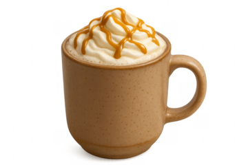 Caramel latte drink with whipped cream in mug