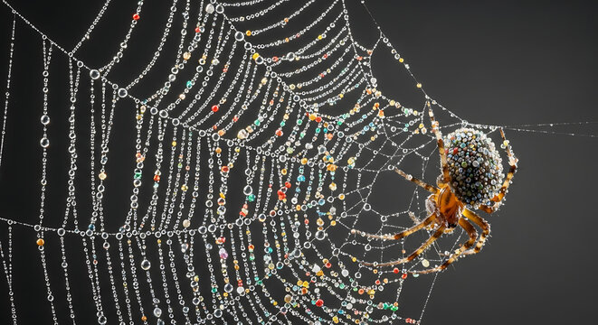 Spider web covered in dew drops, with a spider waiting for its next meal