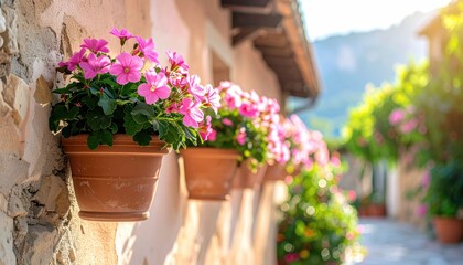 Naklejka premium Potted pink flowers adorn a rustic stone wall casting warm sunlight on a sun drenched European village alleyway in Mallorca Spain