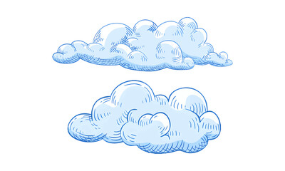 Whimsical hand-sketched blue clouds vector illustration, a charming collection of graphic elements for weather forecasts, nature themes, and playful designs
