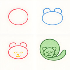 Stepbystep guide shows how to draw a cute cartoon cat starting with simple shapes and ending with a curled up sleeping kitten illustration tutorial