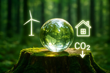 A conceptual image featuring a glass sphere on a tree stump in a forest with glowing icons for a wind turbine, house, and CO2 reduction, symbolizing green energy and sustainability