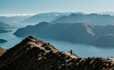 Hiker Walking on Roys Peak Track Overlooking Lake Wanaka, New Zealand