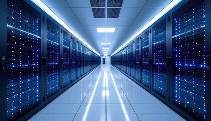 Illuminated Server Room Hallway with Rows of Racks and Blue Lights Reflecting on the Floor