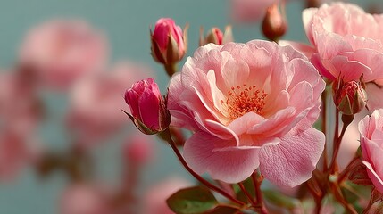 Close-up of Delicate Pink Roses and Buds with Soft Bokeh Background