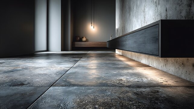 Modern, large-format grey concrete tiles on a floor lead to a minimalist cabinet, with clean lines highlighted by soft, diffused light.