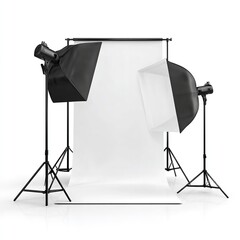 Studio lighting setup isolated on white background with backdrop and softboxes, ready for professional photography