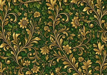 Lush green foliage with intricate golden floral scrollwork backdrop