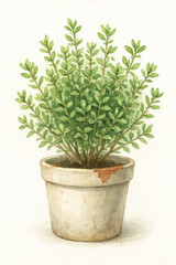 Fototapeta premium Delicate watercolor illustration of a thyme plant with small green leaves in a weathered white clay pot, hand-painted style.