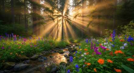 Enchanting forest meadow with wildflowers and sunlight streaming through trees, perfect for fantasy art, nature backgrounds, or serene landscapes