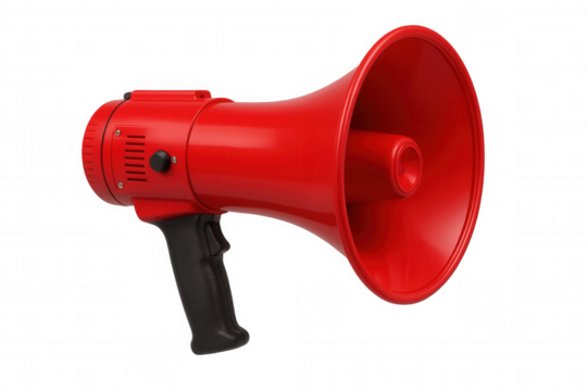 Red megaphone amplifying voice, communicating important message, making public announcement, shouting opinion, transparent background