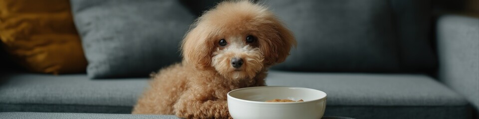 Adorable brown toy poodle on couch with dog bowl