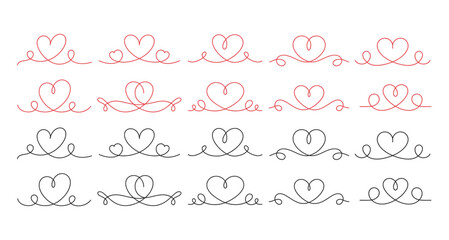 Elegant heart line art design elements in red and black,  vector illustration