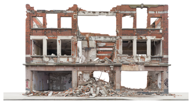 PNG Building exterior destroyed building gate home damage.