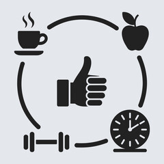 Healthy Lifestyle Balance Vector Illustration with Coffee Apple Dumbbell and Clock,  vector illustration