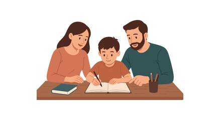 Fototapeta premium parents helping with homework family life flat vector illustration style isolated on white background