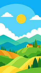 Obraz premium Illustration of a sunny landscape with rolling hills trees and a house under a blue sky with clouds