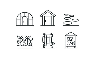 simple outline stroke icon isolated on white background garden greenhouse garden tool shed garden walkway gravel garden vegetable patch garden rain barrel garden butterfly habitat