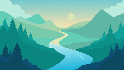 Illustration of a winding river through mountains and trees under a bright sky with a visible sun