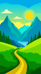 A scenic landscape featuring a winding road through green hills towards mountains under a bright sunny sky