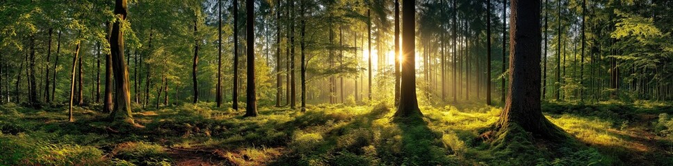 Fototapeta premium Beautiful Forest Scene with Golden Sunlight Illuminating Tall Trees and Grassy Ground, Tranquil Nature