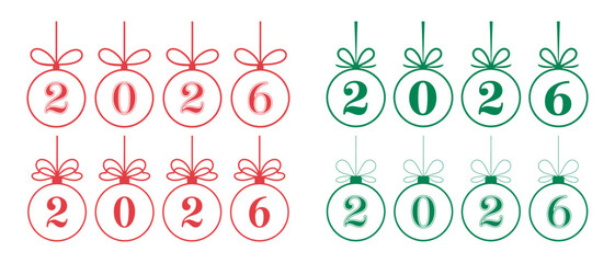 New Year 2026 vector illustration with ornaments in red and green,  vector illustration