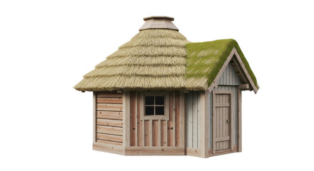Isolated small wooden playhouse with thatched roof, outdoor children's play equipment