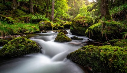 Peaceful forest stream with moss covered rocks and lush green trees in soft sunlight