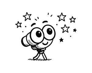 doodle illustration of binoculars looking at stars with wonder clean black and white line art with slightly hand drawn strokes simple and lively style on white background
