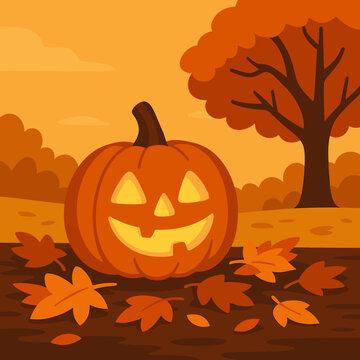 Smiling Jack-O&rsquo;-Lantern Pumpkin in Autumn Park with Falling Leaves &ndash; Halloween Background Illustration
