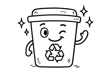 doodle illustration of recycling bin winking with sparkles around clean black and white line art with slightly hand drawn strokes simple and lively style on white background