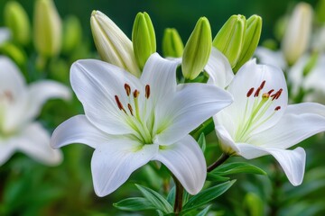 Easter Lillies. Beautiful Madonna Lily Bouquet Blooming in a Summer Garden