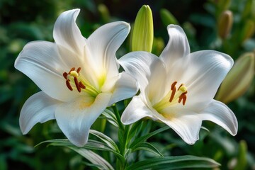 Easter Lillies. Beautiful White Lily Bouquet Blooming in Garden