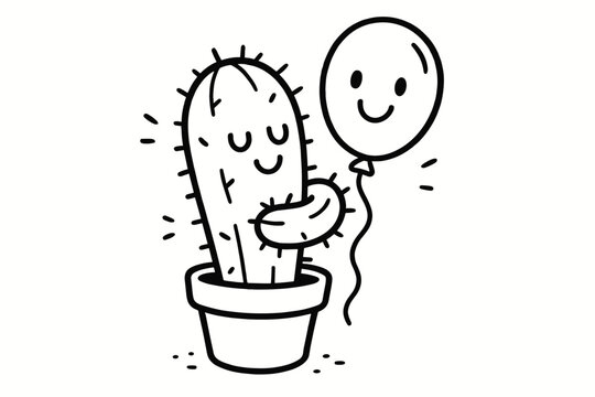 doodle illustration of cactus hugging balloon clean black and white line art with slightly hand drawn strokes simple and lively style on white background