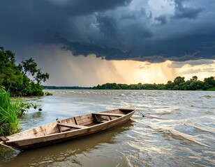 A wooden boat on choppy water under a stormy sky