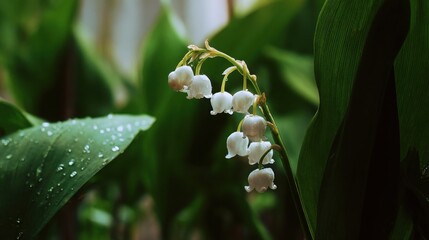 Obraz premium a delicate white lily of the valley growing peacefully beneath a tall oak tree in a quiet forest glade, soft morning light filtering through