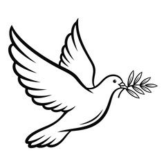 Elegant white dove in flight carrying an olive branch symbolizing peace and hope silhouette