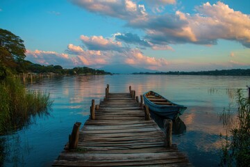 Naklejka premium El Remate Guatemala. Sunset at The Dock with a View of the Water and Sky
