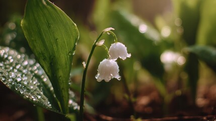 Obraz premium a white lily of the valley in a peaceful forest glade under an ancient oak, dewdrops on leaves, morning silence then the same flower taken