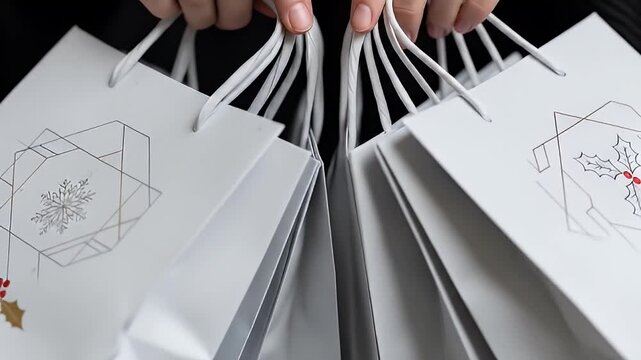 Hands holding white gift bags with festive geometric designs against dark backdrop