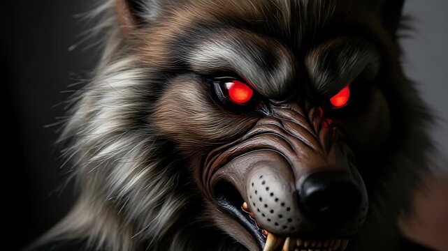 Furry beast with glowing red eyes, prominent fangs, snarling expression, and intricate fur