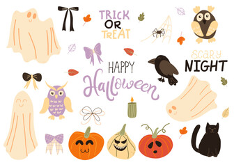 Happy Halloween set of isolated design elements. Hand drawn spooky and cute clipart bundle on white. Pumpkin, ghost, spider, black cat illustrations