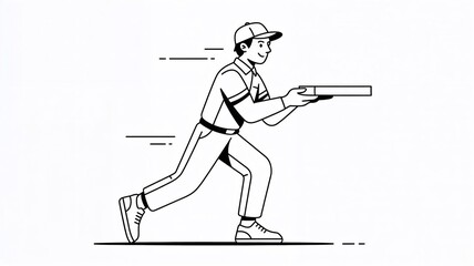 Running deliveryman holding pizza box in black and white line art