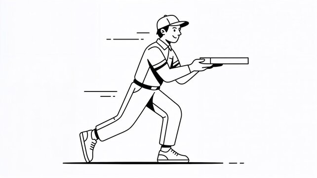 Running deliveryman holding pizza box in black and white line art