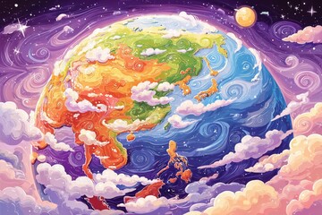 Fantasy globe with bright continents floating in dreamy violet sky with stars and clouds Concept of imagination creativity and global wonder