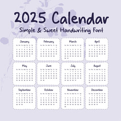 2025 Calendar: Simple & Sweet Handwriting Font