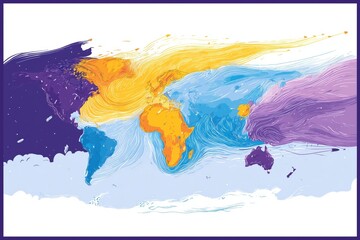 Abstract artistic map of world painted in yellow purple and blue tones with splashing texture Concept of creativity geography and global unity