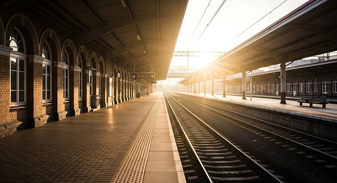 Golden hour sunlight illuminates empty train station platform and tracks