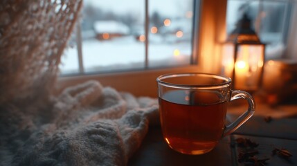 asmr winter calm evening, cozy home with hot tea, snow outside window, warm soft lighting, peaceful silence