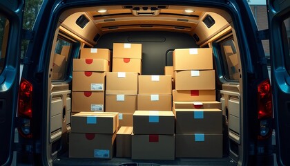 A courier's van packed with delivery boxes, ready for transport,  truck,  last mile delivery